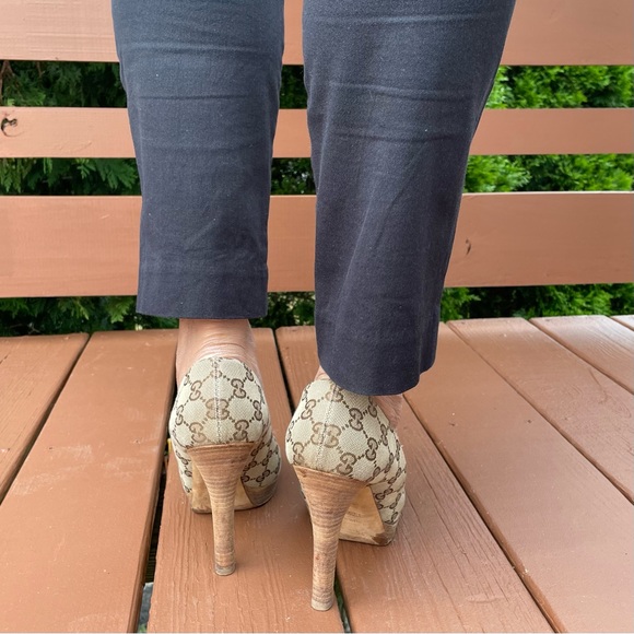 Gucci Beige GG Canvas  Horsebit Peep Toe Pumps - Picture 10 of 15